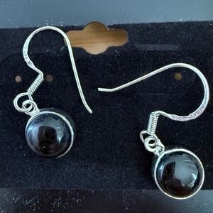 Black Onyx Dangle Earrings Silver Tone Round Cabochon Drop French Hook 1 Inch
